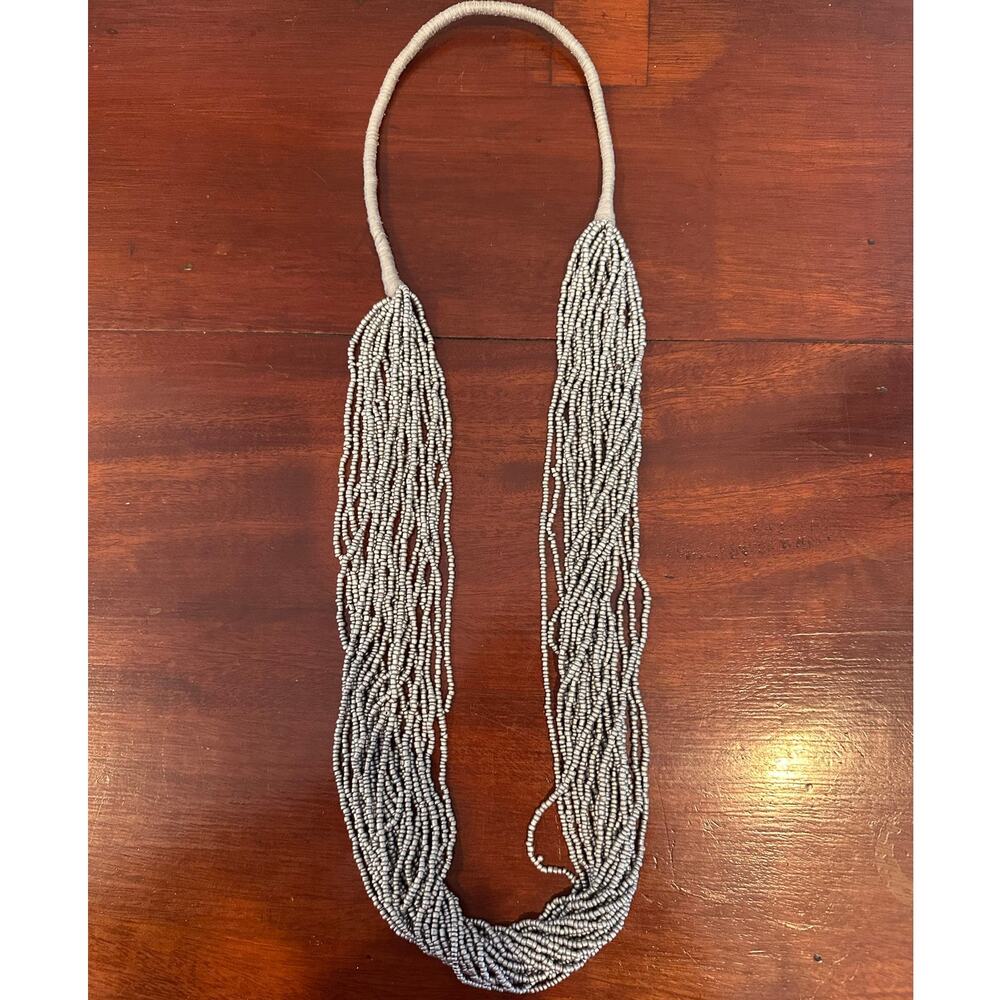 Gray Multi Strand Beaded Necklace Statement Grey Seed Beads Chunky Jewelry
